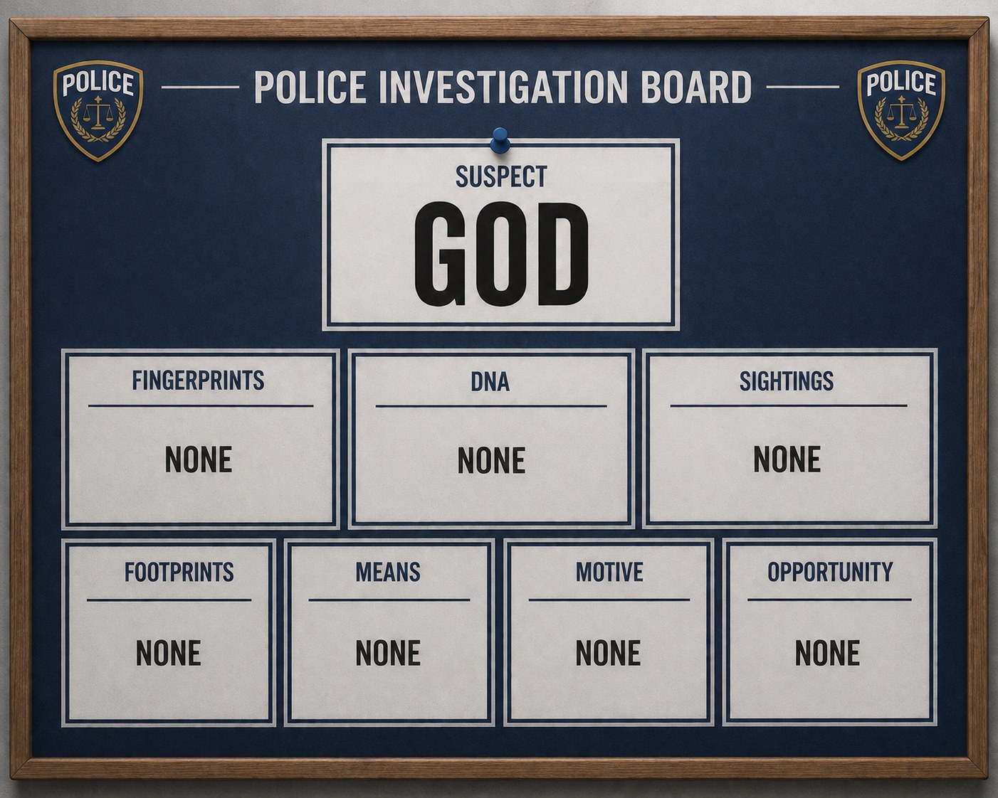 Police Investigation Board with GOD as suspect and NONE for all evidence categories